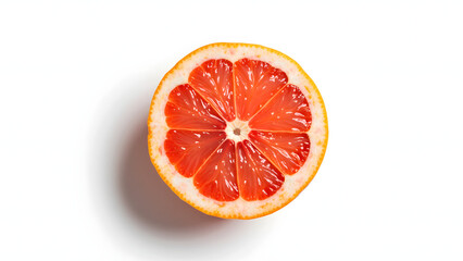 A vibrant half of a blood orange showcases its juicy, deep red interior and bright white rind, emphasizing freshness and vibrant color