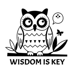 Owl with wisdom is key text, glyph sticker  