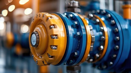 Fototapeta premium Interior view of a modern industrial factory facility with large blue mechanical equipment pipes valves and other engineering automation systems The scene depicts a high tech