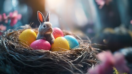 Easter bunny nest eggs spring forest card