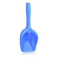 A set of children's toys for playing in the sandbox. Colored rake and shovel made of plastic, isolated on a white background, close-up. Early child development, children's leisure concept