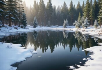 Frozen pond with snow-covered evergreen trees reflected in its surface, frozen scenery, serenity, snowy landscape