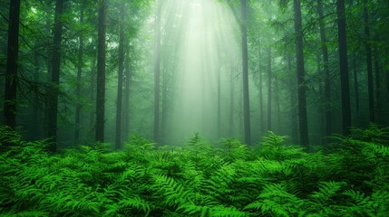 Obraz premium Lush Green Forest with Sunlight Streaming Through Trees and Ferns