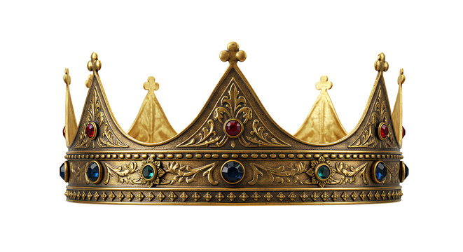 golden crown png. golden crown with intricate details and jewels isolated. European style crown as representation of monarchy, royalty and nobility isolated. king and queen crown png
