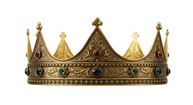 golden crown png. golden crown with intricate details and jewels isolated. European style crown as representation of monarchy, royalty and nobility isolated. king and queen crown png