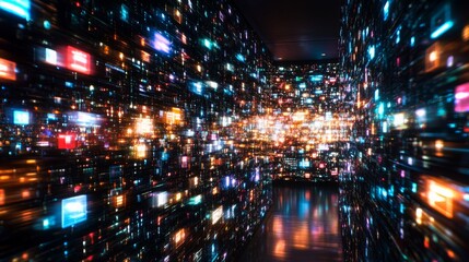 Naklejka premium Digital corridor filled with vibrant lights and colors in a futuristic space