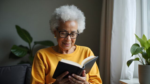 An elderly Black woman with curly gray hair reads a book while sitting indoors, wearing glasses and a cozy yellow sweater, with plants in the background