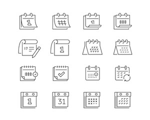Calendars Icon collection containing 16 editable stroke icons. Perfect for logos, stats and infographics. Edit the thickness of the line in Adobe Illustrator (or any vector capable app).