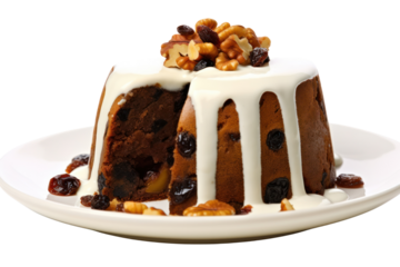 Sliced Christmas pudding showing moist interior with dried fruits and nuts, garnished with a dollop of cream