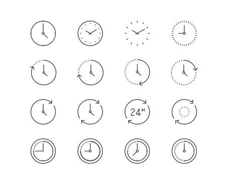 Clocks and Time Icon collection containing 16 editable stroke icons. Perfect for logos, stats and infographics. Edit the thickness of the line in Adobe Illustrator (or any vector capable app).