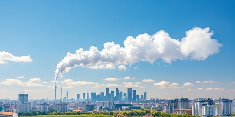 Naklejka premium carbon dioxide global monitoring concept. City skyline with smoke rising from industrial buildings against a blue sky.