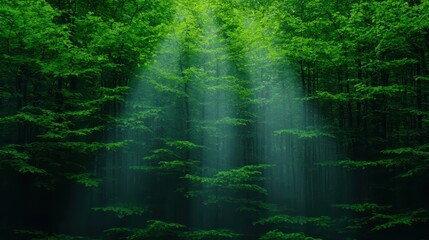 Sunlight Filtering Through Lush Green Forest Canopy and Trees