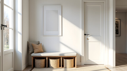 A bright and airy entryway features a cozy bench with decorative pillows, wicker baskets, and soft natural light streaming through a window enhancing the warm atmosphere
