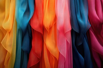 A minimalist display of vibrant silk ribbons hanging vertically, each in a different bright hue, creating a colorful contrast
