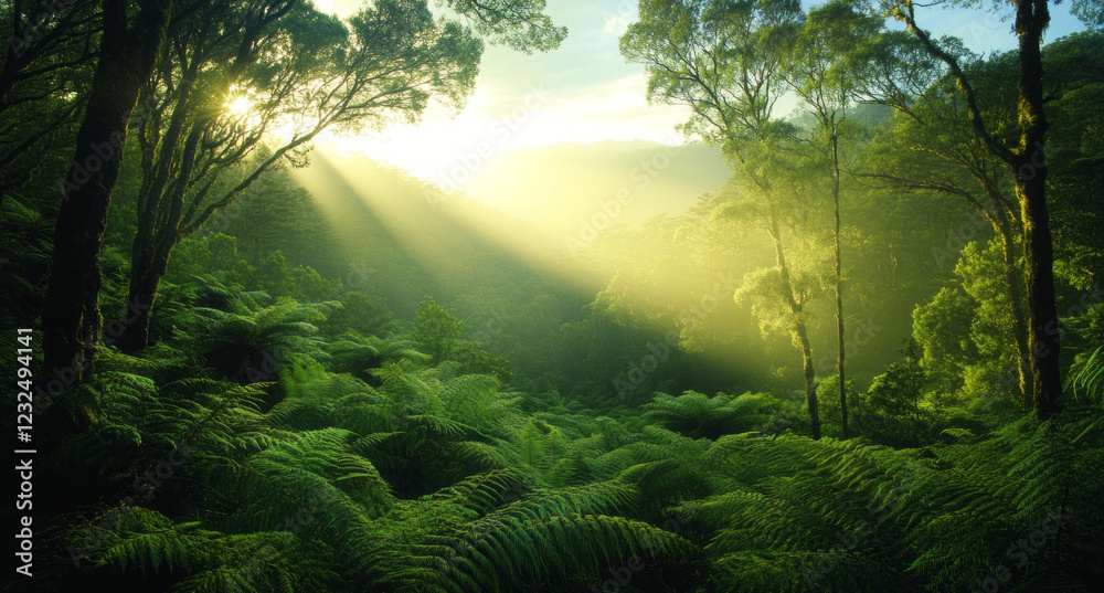 Poster gentle beams of sunlight filter through a dense canopy, illuminating the misty forest. lush fern fol