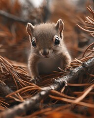 Baby squirrel in pine needles, autumn forest, wildlife closeup