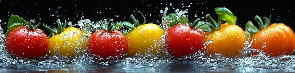 Highly detailed, slow-motion sequence of floating colorful vegetables and water droplets set against a black background