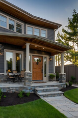 Stunning Modern Home Exterior Design with Stone and Wood Accents. This luxury house features a welcoming porch, beautiful landscaping, and a modern facade.