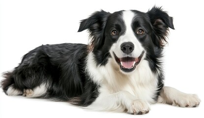 Fototapeta premium Happy black and white Border Collie dog lying on a white background, looking directly at the camera. The dog has a friendly expression and fluffy