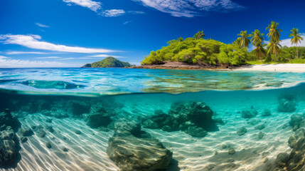 Discover the pristine beauty of a tropical island with crystal clear waters and lush greenery on a sunny day