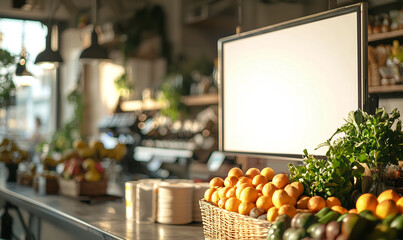 Showcasing fresh produce and restaurant menu boards in an urban eatery bright ambiance interior design enhancing culinary experience