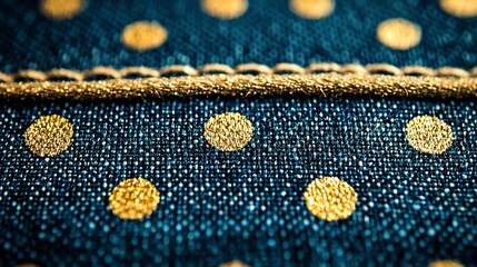 Close-up of a textured fabric featuring gold polka dots on a dark blue background