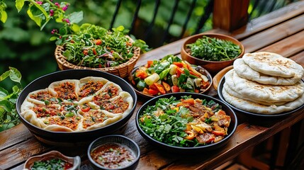 Fototapeta premium Colorful Spread of Delicious Vegetarian Dishes on Rustic Wooden Table Outdoors