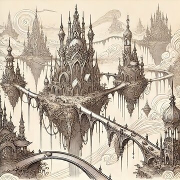 Grattage A fantastical ethereal realm of floating islands connec