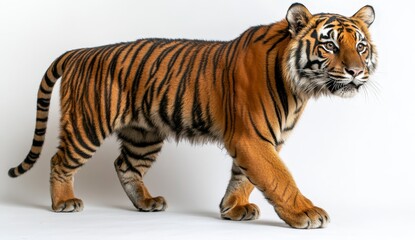 Obraz premium A majestic tiger with orange and black stripes walks on a plain white background. The lighting is even and bright, highlighting the tiger's powerful