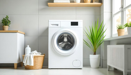 Modern washing machine in sustainable laundry room with potted plants and folded towels on wooden shelf. Ideal for promoting home appliances, eco-friendly laundry solutions or interior design concepts
