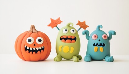 Fototapeta premium Playful Halloween Trio: Pumpkin and Monsters