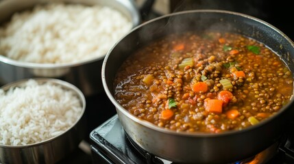Lentil stew and rice cooking on stovetop.