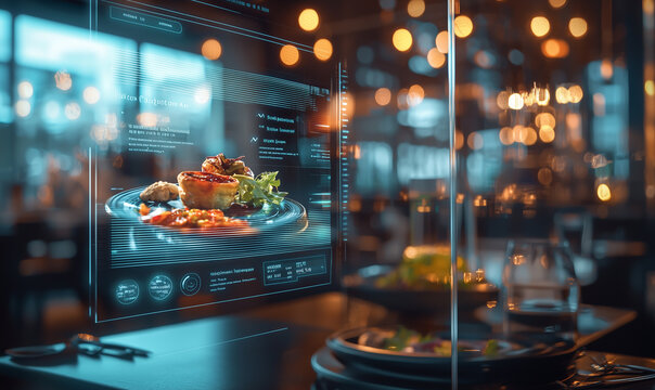 Digital restaurant menu board displaying gourmet dishes in modern eatery urban ambiance high-tech visuals