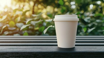 Eco-friendly coffee to-go cup on a park bench surrounded by nature capturing sustainable living relaxed atmosphere
