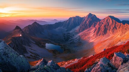 Obraz premium Majestic Sunset over Mountain Lake in Autumn