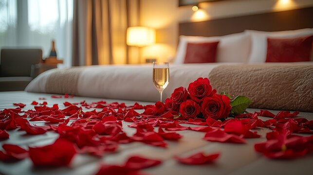 In the cozy bed of a luxurious romantic hotel room, champagne, fresh flowers, and scattered rose petals create a romantic ambiance for a special occasion or intimate getaway