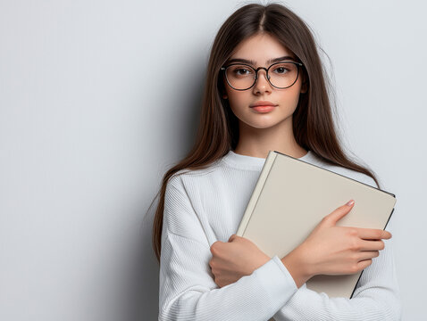 young woman with long hair and glasses holds book close to her chest, exuding thoughtful expression