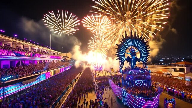 Aerial footage captures the vibrant nighttime spectacle of Rio de Janeiro's Carnival parade.