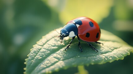 Fototapeta premium A close-up of a ladybug on a leaf with a blurry background, showcasing the intricate details of the bug and the natural beauty of its surroundings.