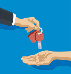 hand giving keys of car or house  to other hand bussines flat vector deal buy sell agreement illustration 