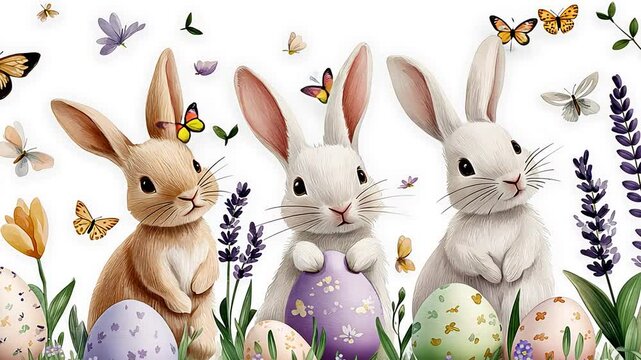 Adorable bunnies frolic among Easter eggs and floral wreaths in a seamless pattern.