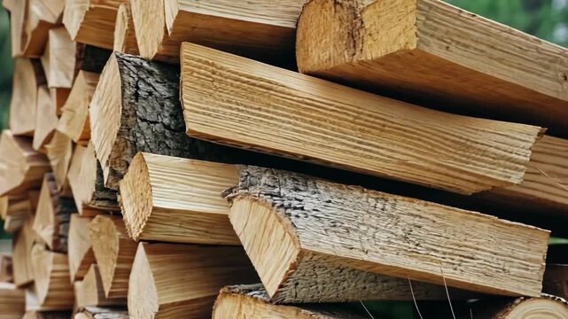 Stacks of neatly organized firewood rest among trees, preparing for colder months and creating a peaceful woodland atmosphere