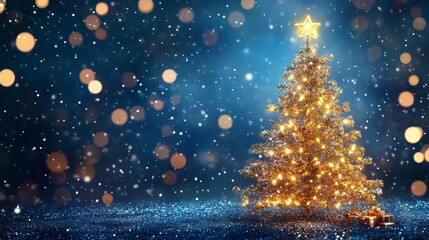 Fototapeta premium Celebrate Christmas with joy and start the new year with happiness. Decorate your invitations or greeting cards with this golden Christmas tree set against a blue backdrop.