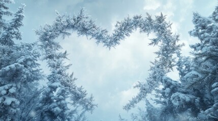 Snowy forest heart, winter sky, romantic nature scene, Valentine's card