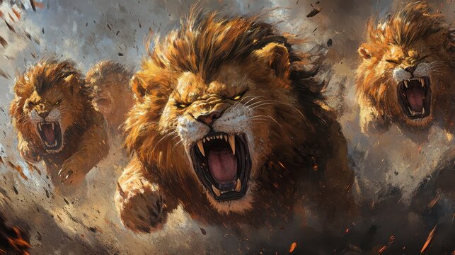 Three majestic lions charging forward, manes windblown, mouths open in a roar. Dust and debris fly around them, creating a dynamic and powerful