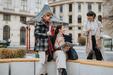Fototapeta premium Three women with documents discussing an idea outdoors near modern architecture, portraying teamwork and cooperation in a professional setting while sharing a friendly and relaxed moment.