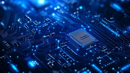 Circuit board with abstract blue lines and electronic parts on a tech background. Motherboard with chip, processor, and semiconductor. Digital vector illustration.