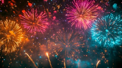 Fototapeta premium Colorful fireworks create a beautiful pattern in the sky, perfect for a festive event or celebration.