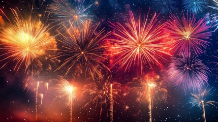 Fototapeta premium Colorful fireworks create a beautiful pattern in the sky, perfect for a festive event or celebration.