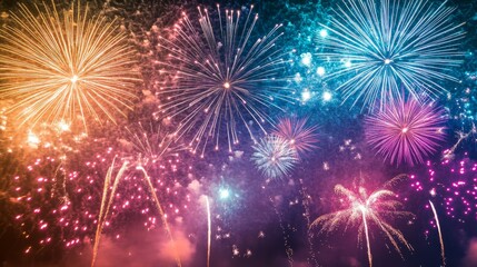 Fototapeta premium Colorful fireworks create a beautiful pattern in the sky, perfect for a festive event or celebration.